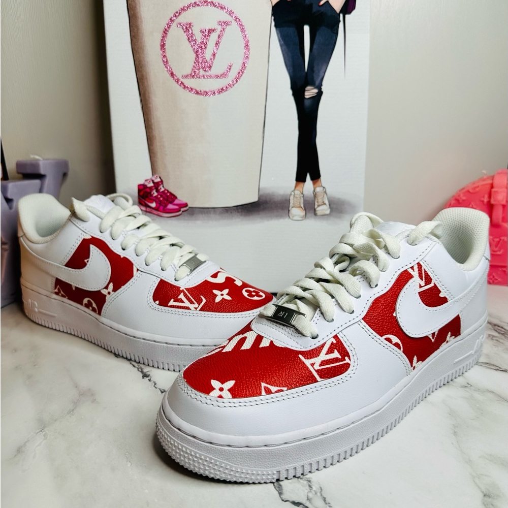NEW! Unisex Nike Custom LV Supreme White on White Air Force 1 LE Sneakers
